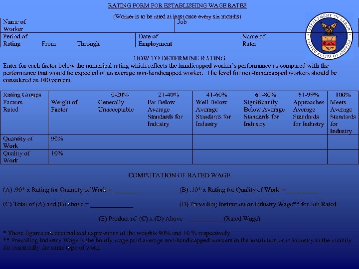 RATING FORM FOR ESTABLISHING WAGE RATES (Worker is to be rated at least once