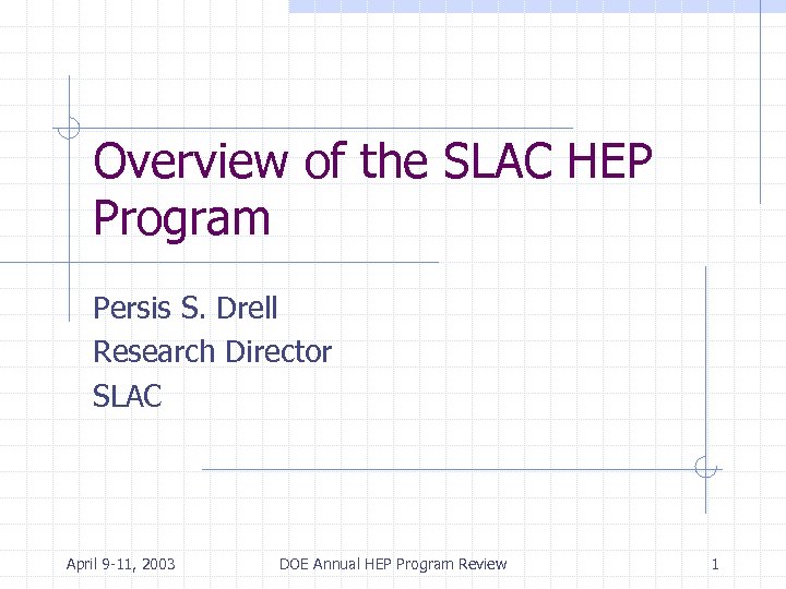 Overview of the SLAC HEP Program Persis S. Drell Research Director SLAC April 9