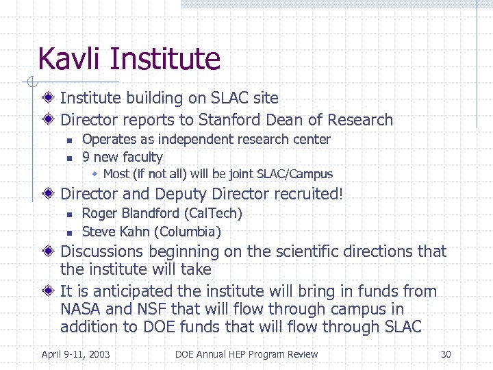 Kavli Institute building on SLAC site Director reports to Stanford Dean of Research n