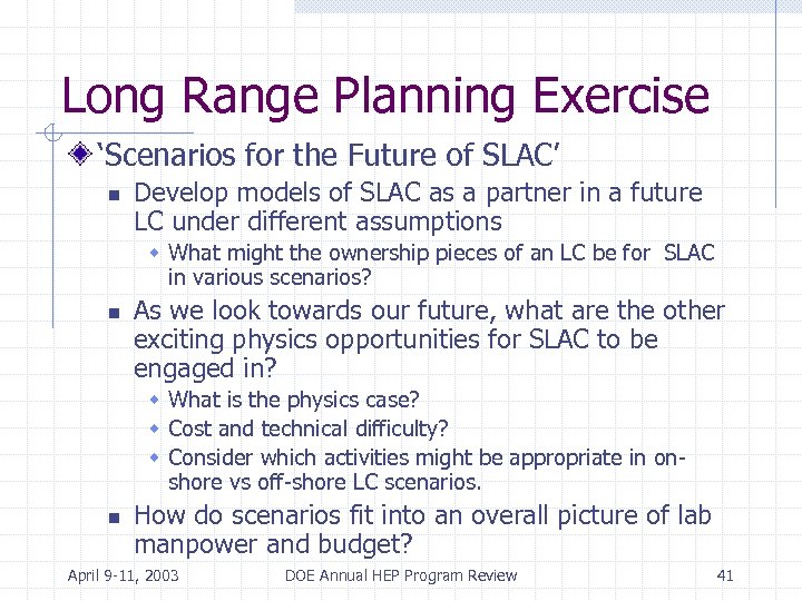 Long Range Planning Exercise ‘Scenarios for the Future of SLAC’ n Develop models of