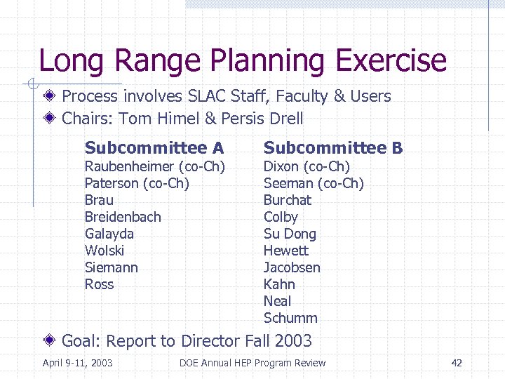 Long Range Planning Exercise Process involves SLAC Staff, Faculty & Users Chairs: Tom Himel