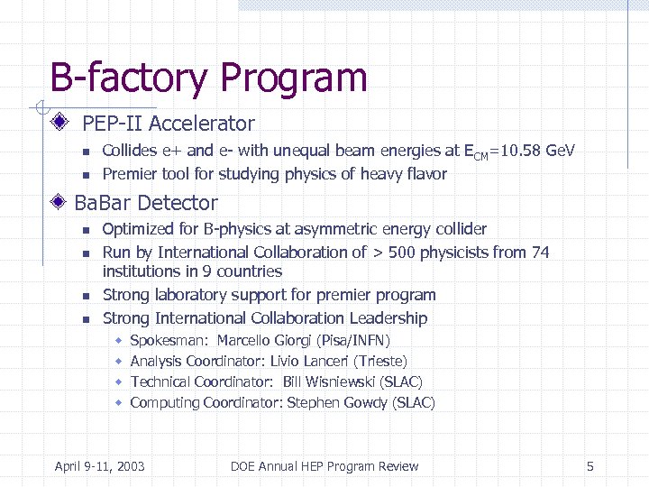 B-factory Program PEP-II Accelerator n n Collides e+ and e- with unequal beam energies