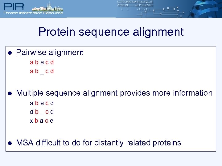Protein sequence alignment l Pairwise alignment abacd ab_cd l Multiple sequence alignment provides more