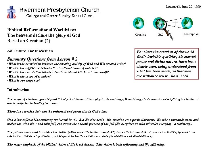 Lesson #3, June 20, 1999 Rivermont Presbyterian Church College and Career Sunday School Class