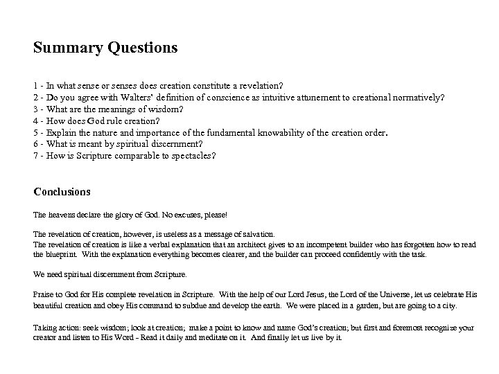 Summary Questions 1 - In what sense or senses does creation constitute a revelation?