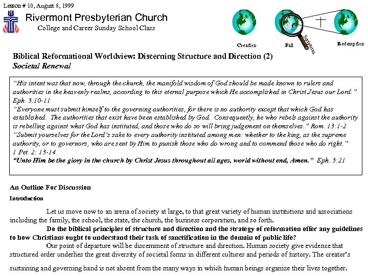 Lesson # 10, August 8, 1999 Rivermont Presbyterian Church College and Career Sunday School