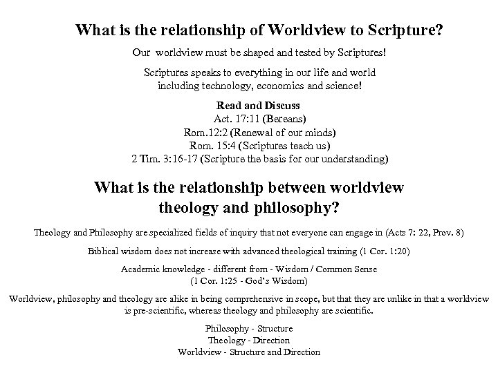 What is the relationship of Worldview to Scripture? Our worldview must be shaped and