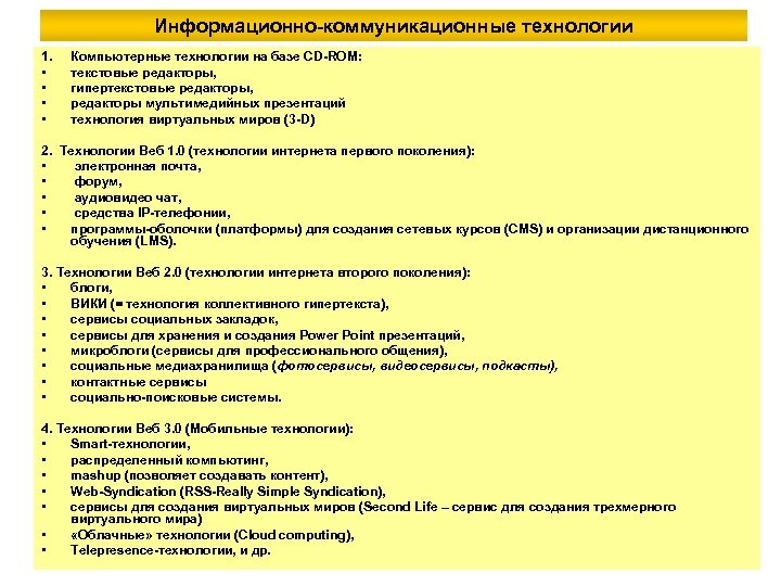 Информационно-коммуникационные технологии 1. • • Компьютерные технологии на базе CD-ROM: текстовые редакторы, гипертекстовые редакторы,