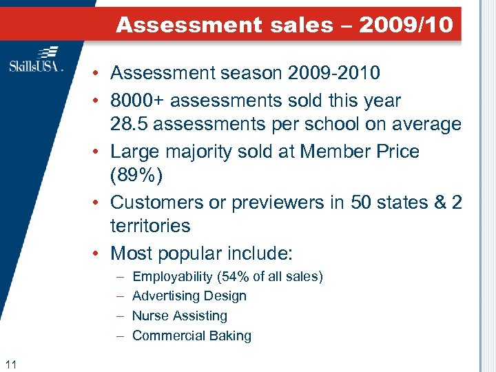 Assessment sales – 2009/10 • Assessment season 2009 -2010 • 8000+ assessments sold this