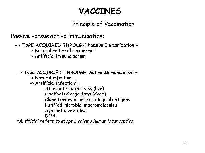 VACCINES Principle of Vaccination Passive versus active immunization: -> TYPE ACQUIRED THROUGH Passive Immunization