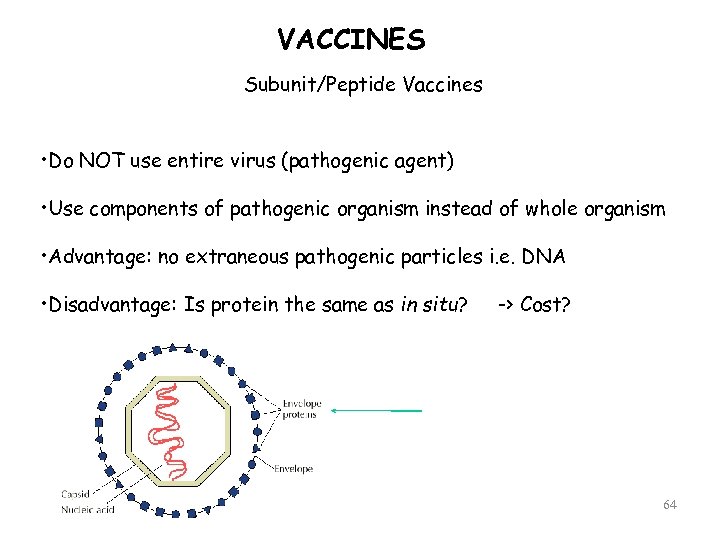 VACCINES Subunit/Peptide Vaccines • Do NOT use entire virus (pathogenic agent) • Use components