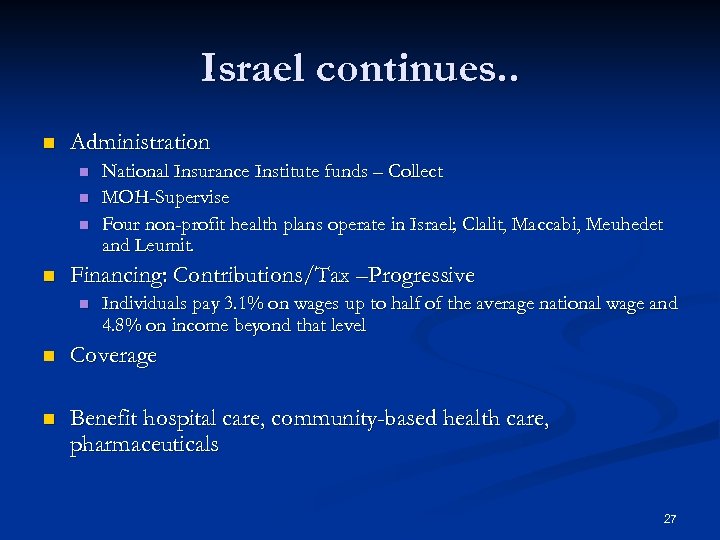 Israel continues. . n Administration n n National Insurance Institute funds – Collect MOH-Supervise