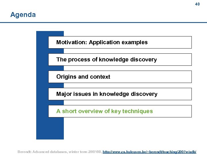 40 Agenda Motivation: Application examples The process of knowledge discovery Origins and context Major