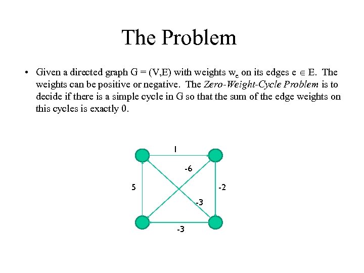 The Problem • Given a directed graph G = (V, E) with weights we