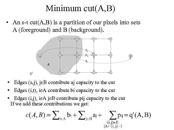 Minimum cut(A, B) • An s-t cut(A, B) is a partition of our pixels