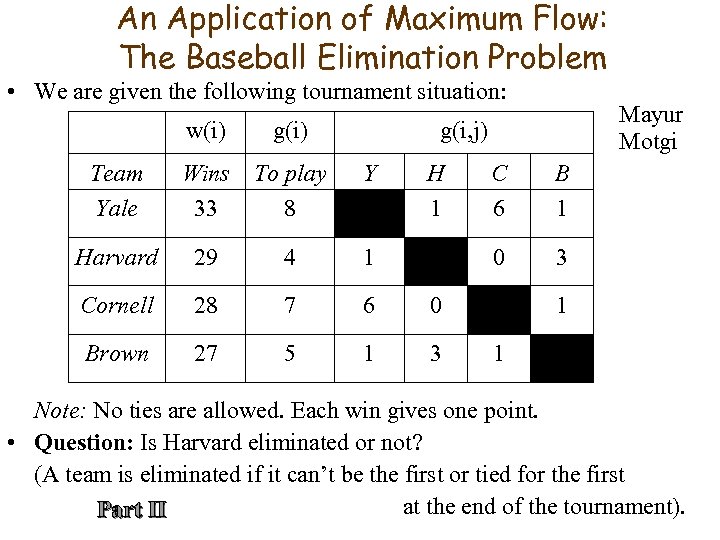 An Application of Maximum Flow: The Baseball Elimination Problem • We are given the