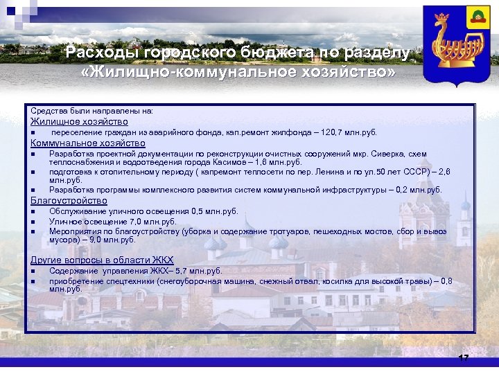 Расходы городского бюджета по разделу «Жилищно-коммунальное хозяйство» Средства были направлены на: Жилищное хозяйство n