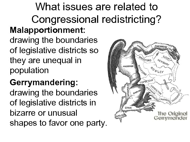 What issues are related to Congressional redistricting? Malapportionment: drawing the boundaries of legislative districts