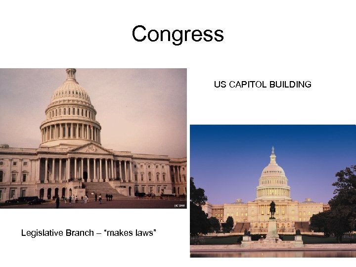 Congress US CAPITOL BUILDING Legislative Branch – “makes laws” 