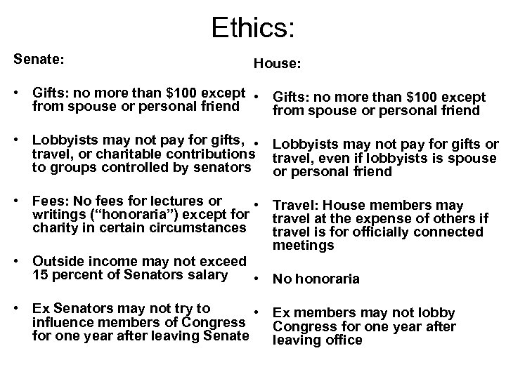 Ethics: Senate: House: • Gifts: no more than $100 except from spouse or personal