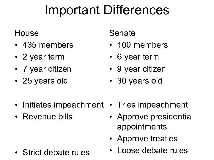 Important Differences House • 435 members • 2 year term • 7 year citizen