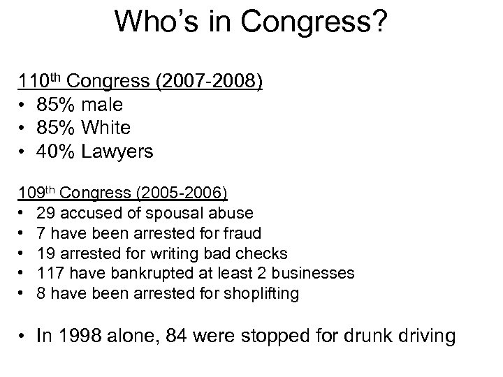 Who’s in Congress? 110 th Congress (2007 -2008) • 85% male • 85% White