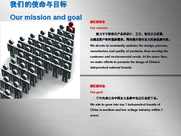 我们 的使命与目标 Our mission and goal 我们的使命 Our mission 致力于不断优化产品的设计、 艺、制造以及质量， 以满足客户和环境的需求。同时提升国内自主民族品牌形象。 We devote