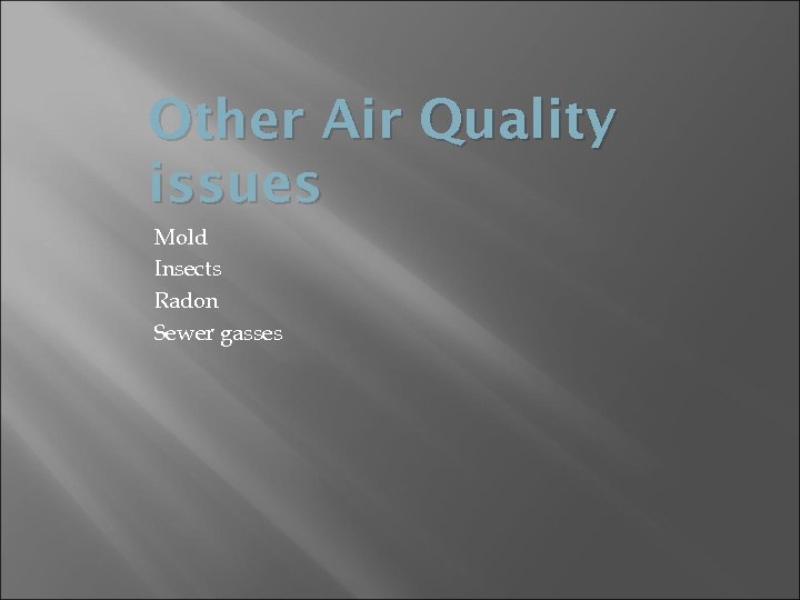 Other Air Quality issues Mold Insects Radon Sewer gasses 