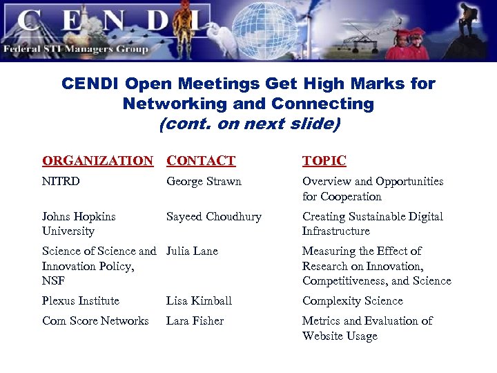 CENDI Open Meetings Get High Marks for Networking and Connecting (cont. on next slide)