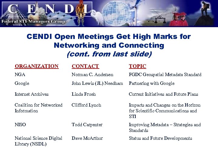 CENDI Open Meetings Get High Marks for Networking and Connecting (cont. from last slide)