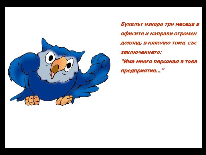 Бухалът изкара три месеца в офисите и направи огромен доклад, в няколко тома, със