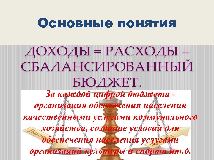 Основные понятия За каждой цифрой бюджета организация обеспечения населения качественными услугами коммунального хозяйства, создание