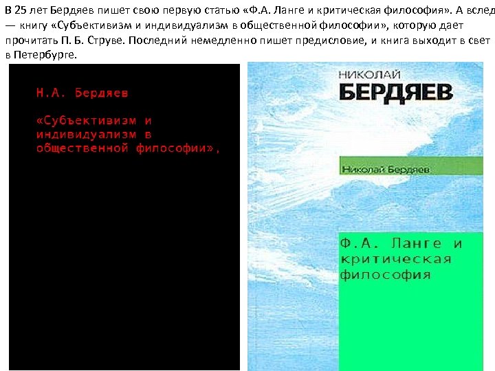 В 25 лет Бердяев пишет свою первую статью «Ф. А. Ланге и критическая философия»