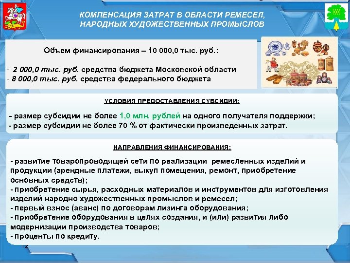 КОМПЕНСАЦИЯ ЗАТРАТ В ОБЛАСТИ РЕМЕСЕЛ, НАРОДНЫХ ХУДОЖЕСТВЕННЫХ ПРОМЫСЛОВ Объем финансирования – 10 000, 0