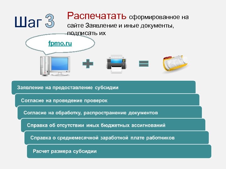 Шаг 3 Распечатать сформированное на сайте Заявление и иные документы, подписать их fpmo. ru