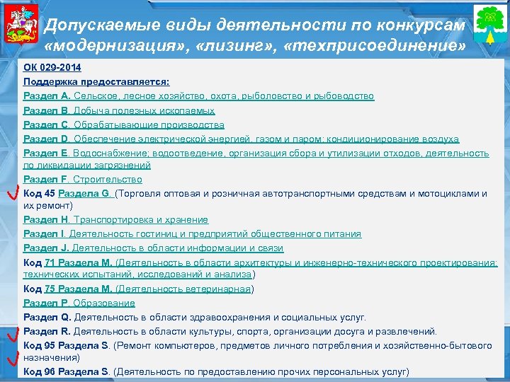 Допускаемые виды деятельности по конкурсам «модернизация» , «лизинг» , «техприсоединение» ОК 029 -2014 Поддержка