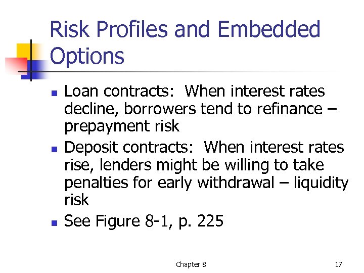 Risk Profiles and Embedded Options n n n Loan contracts: When interest rates decline,