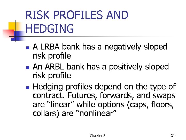 RISK PROFILES AND HEDGING n n n A LRBA bank has a negatively sloped