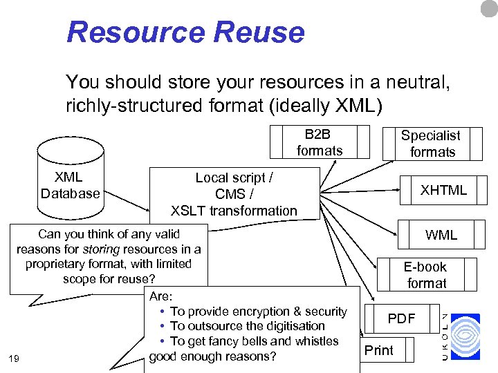 Resource Reuse You should store your resources in a neutral, richly-structured format (ideally XML)