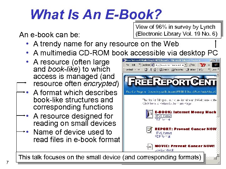 What Is An E-Book? View of 96% in survey by Lynch (Electronic Library Vol.