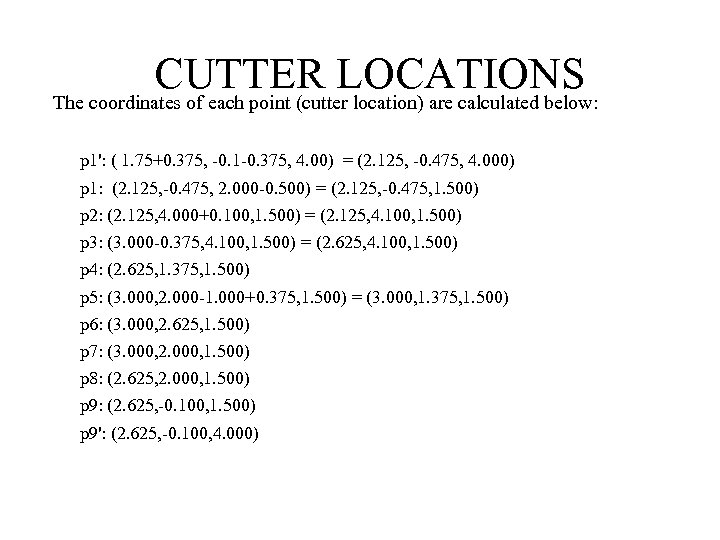 CUTTER LOCATIONS The coordinates of each point (cutter location) are calculated below: p 1':