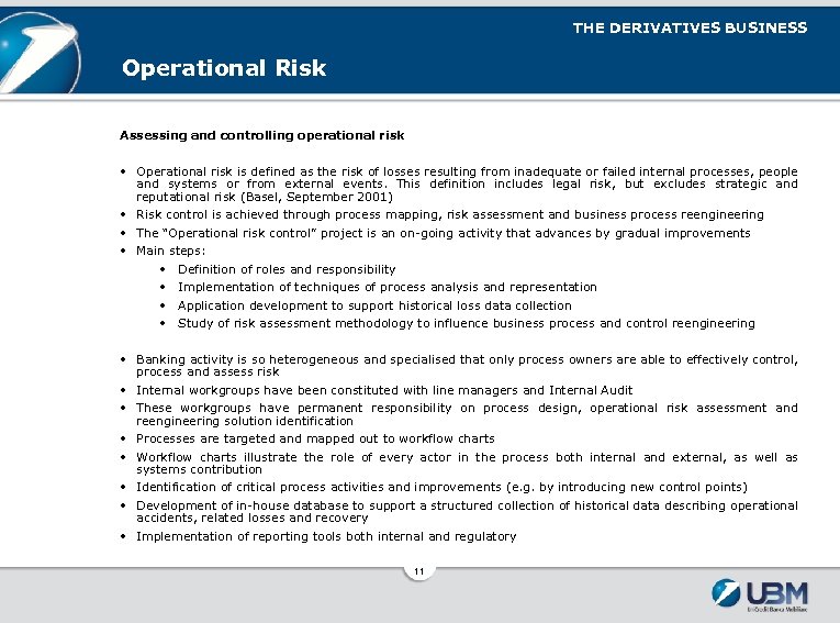 THE DERIVATIVES BUSINESS Operational Risk Assessing and controlling operational risk • Operational risk is