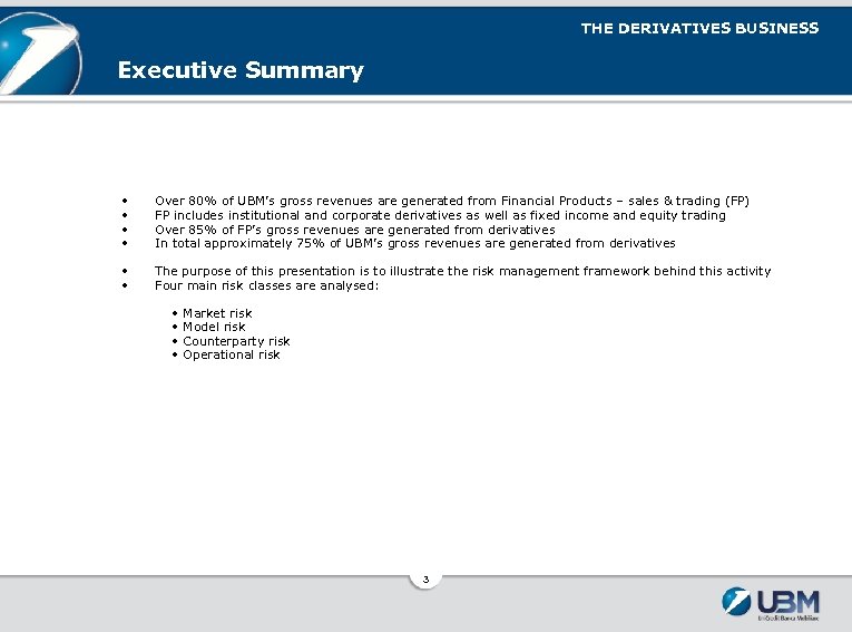 THE DERIVATIVES BUSINESS Executive Summary • • Over 80% of UBM’s gross revenues are