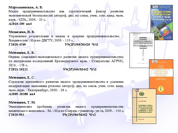 Мартышевская, А. В. Малое предпринимательство как стратегический фактор развития экономической безопасности: автореф. дис. на