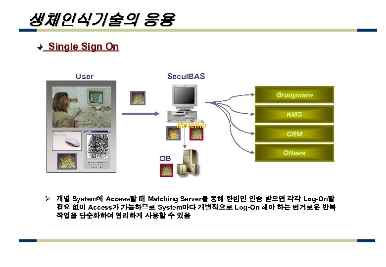 생체인식기술의 응용 Single Sign On User Secu. IBAS Groupware KMS Matchin g DB CRM