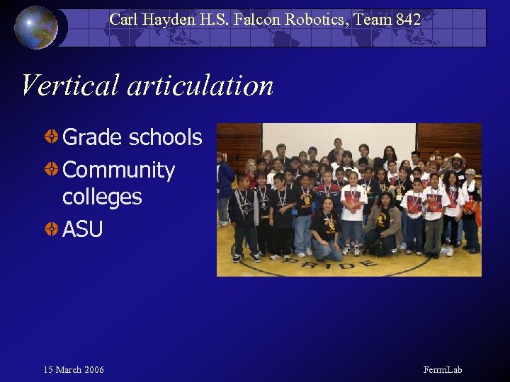 Carl Hayden H. S. Falcon Robotics, Team 842 Vertical articulation Grade schools Community colleges