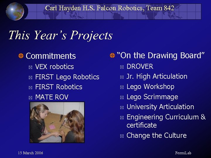Carl Hayden H. S. Falcon Robotics, Team 842 This Year’s Projects Commitments VEX robotics