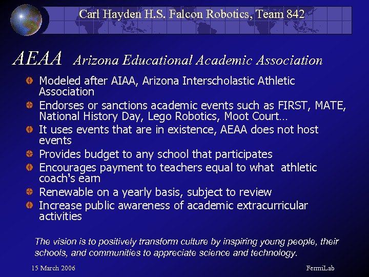 Carl Hayden H. S. Falcon Robotics, Team 842 AEAA Arizona Educational Academic Association Modeled