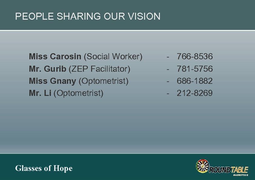 PEOPLE SHARING OUR VISION Miss Carosin (Social Worker) Mr. Gurib (ZEP Facilitator) Miss Gnany