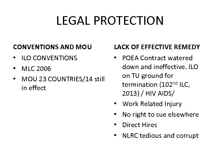 LEGAL PROTECTION CONVENTIONS AND MOU LACK OF EFFECTIVE REMEDY • ILO CONVENTIONS • MLC